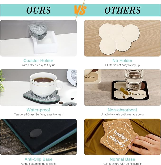 Glass Mirrored Coasters Set of 4, Heart Shaped Coasters with Crystal Diamond, Mirrored Silver Glass Cup Mats for Drinks, Advanced Top Decorations (4" x 4")