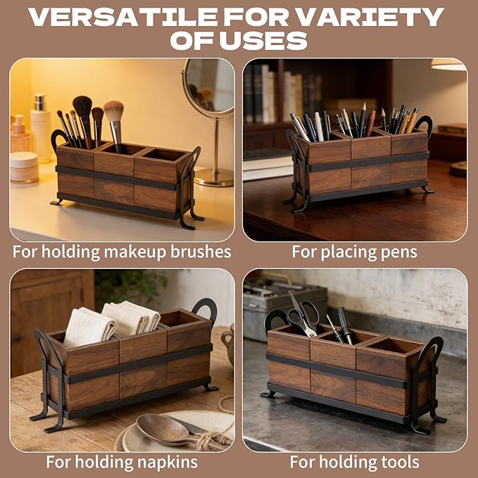 Wooden Utensil Holder with Drain Holes - 3 Compartments Farmhouse Kitchen Utensil Caddy Silverware Holder, Black Metal Tray Flatware Organizer for Spoons Forks Knives (New Improved Version)
