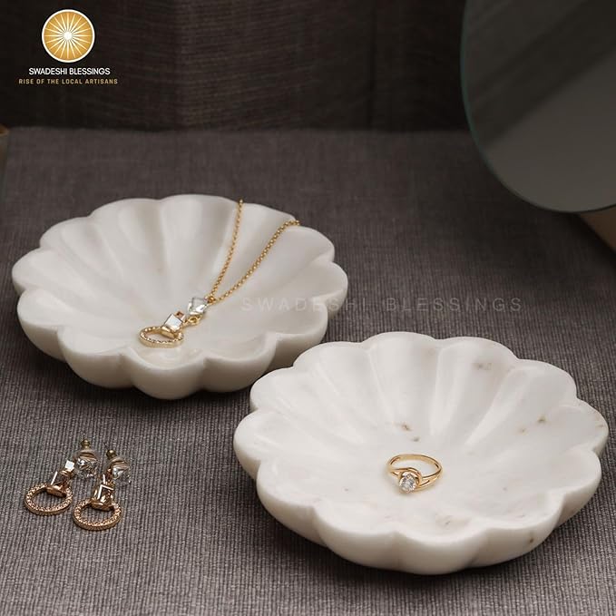 Handcrafted Marble Jewelry Tray, Decorative Trinket Dish for Rings Earrings Necklace Bracelet, Key Bowl, Ideal Gift for Mother Sister Daughter Friends, Birthday Wedding Christmas 5"