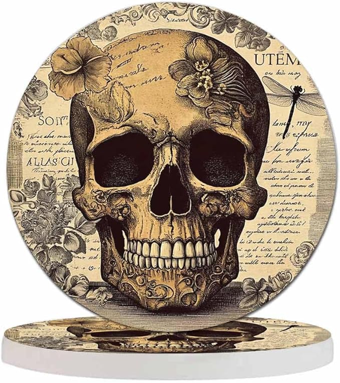 Vintage Head Skull Cup Coasters for Table Retro Floral Background Death Smile Antique Reusable Drink Coasters Set 2 Pcs Coffee Home Farmhouse Living Room Bar Decor