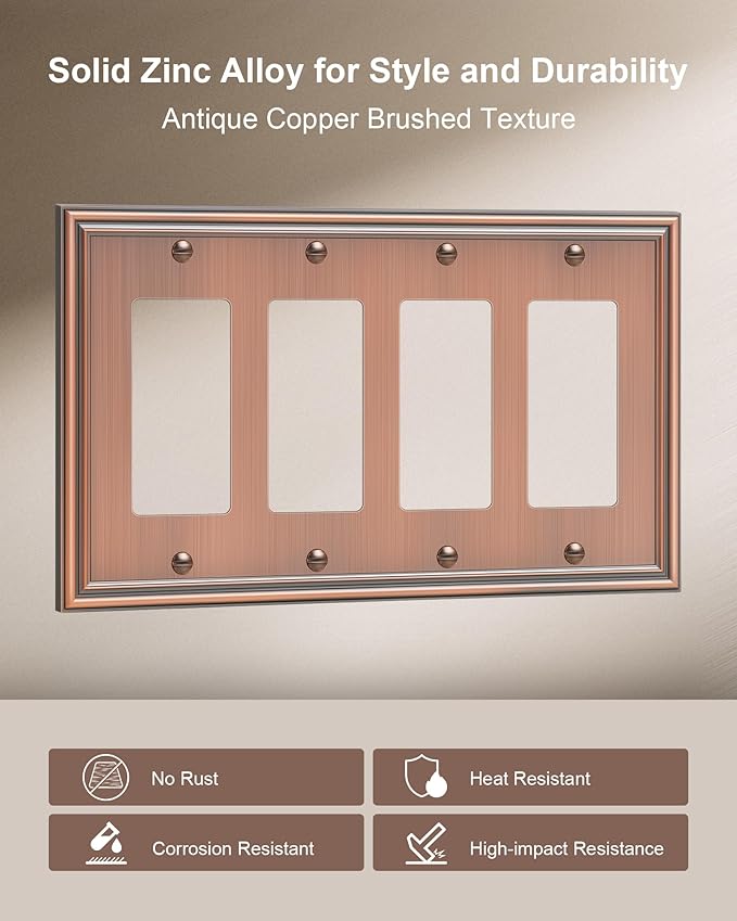2-Pack Quad Decorator Outlet Cover Plate, Zinc Alloy Antique Copper Switch Plates and Outlet Covers, 4 Gang Wall Plates for Electrical Outlets, Receptacle, GFCI Outlet, Dimmer Switch