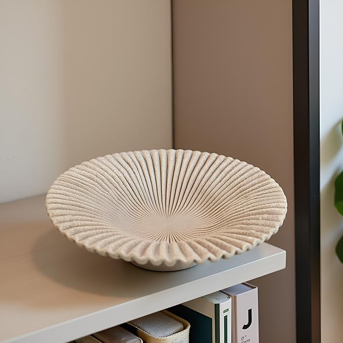 Decorative Bowl decor Tray, Scalloped Pedestal Bowls for Modern Home Decor,Ruffle Decor,Stylish Key Bowl for Entry Table,Decorative Fruit Bowl for Kitchen Counter,Artificial Stone Beige