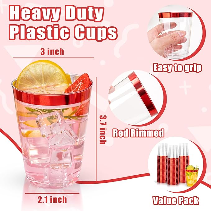 DaYammi 100 Pack Red Plastic Cups 10 Oz Clear Red Rimmed Plastic Cups for Party Fancy Disposable Cup for Wedding Disposable Glasses Clear Tumblers with red Rim for Party Elegant Wine Cocktail Cup