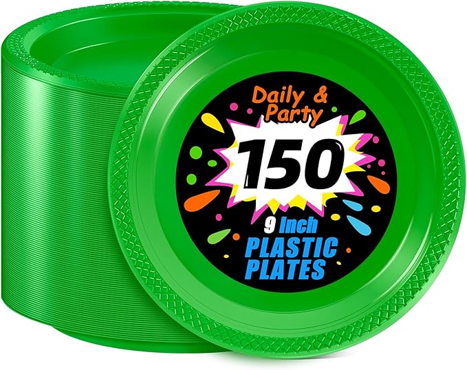WELLIFE Green Party Plates 9 Inch -150 Count, Disposable Plastic Dinner Plates for New Year Party St. Patrick's Day Easter