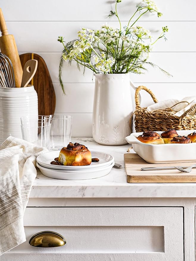 LE TAUCI Ceramic Plates and Bowls Set for 4, 12-Piece Ceramic Dinnerware Set, Farmhouse Dishes Set, Microwave & Dishwasher Safe, Stackable, 10" Dinner+8" Salad Plates+6" Bowls, White