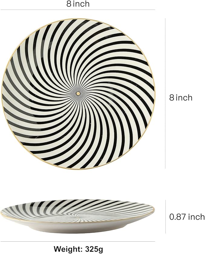 8 Inch Set of 4 Assorted Designs, Porcelain Plates With Patterns,Black Ceramic Dessert Plates, Dishware with Golden Rim for Sandwiches Salad Pasta, Microwave Oven Dishwasher Safe (A)