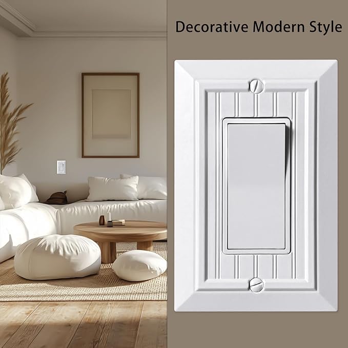 Beadboard Outlet Covers Wall Plates, Bamboo Fiber Light Switch Covers, Natural Material Electric Receptacle Decorative Switch Plate Outlet Cover (Pure White, 1 Gang Decorator 4 Pack)