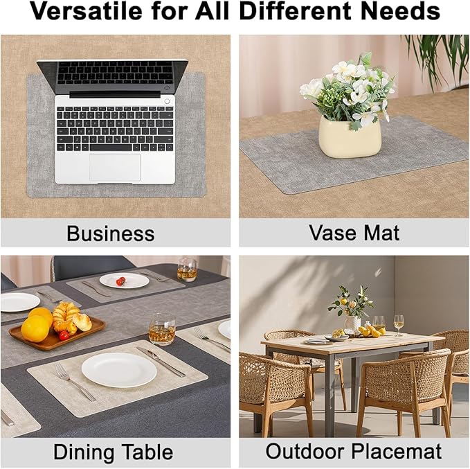 Myir JUN Reversible Vinyl Placemats Set of 8, Faux Leather Place Mats Dual Sided Waterproof Wipeable, Heat-Resistant Table Mats for Kitchen Dining Indoor Outdoor (12" x 17", Light Gray Cream-White)