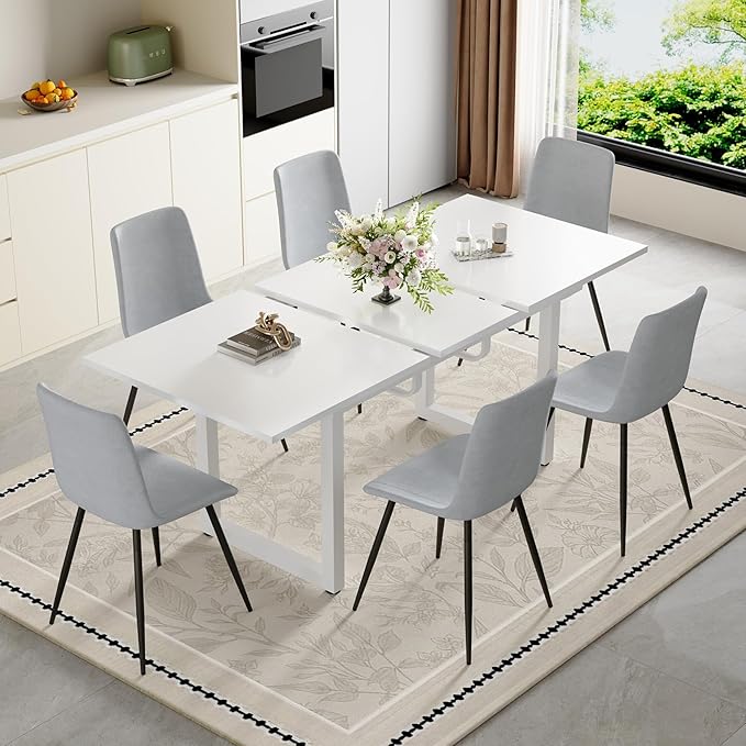 Extendable Dining Table Set for 6, 55"–71" Modern White Kitchen Table with 6 Upholstered Chairs, Space-Saving for Living Room Apartment, Sturdy & Comfortable, Easy Assembly