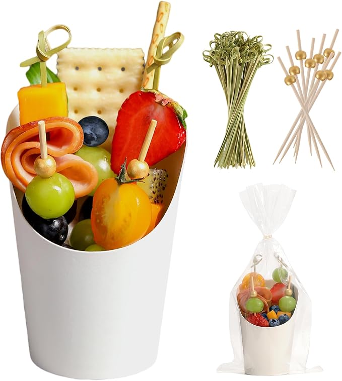 Disposable Charcuterie Cups 120 PCS with 200PCS Sticks and 120PCS Bags, 14 oz Kraft Paper Snack Boxes Appetizers Cup French Fry Holder with Cocktail Skewers Toothpicks Tooth Picks, White