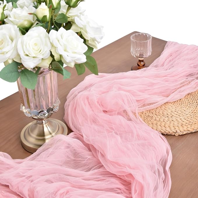 Joanlody Blushing Pink Cheesecloth Table Runner Spring Easter 10Ft Rustic Gauze Boho Cheese Cloth Table Runner for Wedding Bridal Baby Shower Decoration 10 Pack