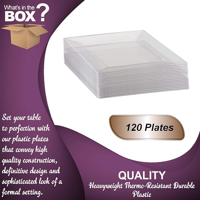 Kaya Collection - Clear Square 10.75" Dinner Plates - Fancy Disposable - Deluxe Quality - Hard Plastic - For Party’s And Weddings (120 Count)