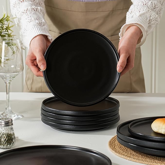 12 Piece Ceramic Dinnerware Set for 4, Modern Minimalist Stoneware Dinner Plates and Bowls, Microwave Safe, Dishwasher Safe, Versatile for All Seasons, Matte Black