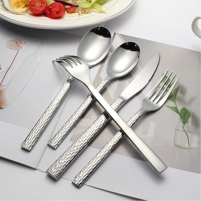 Hammered Silverware Set for 4, 20-Piece Stainless Steel Flatware Cutlery Set, Includes Dinner Knives,Dinner Forks, Tea Spoons, Dinner Spoons, Salad forks, Mirror Polished - Dishwasher Safe