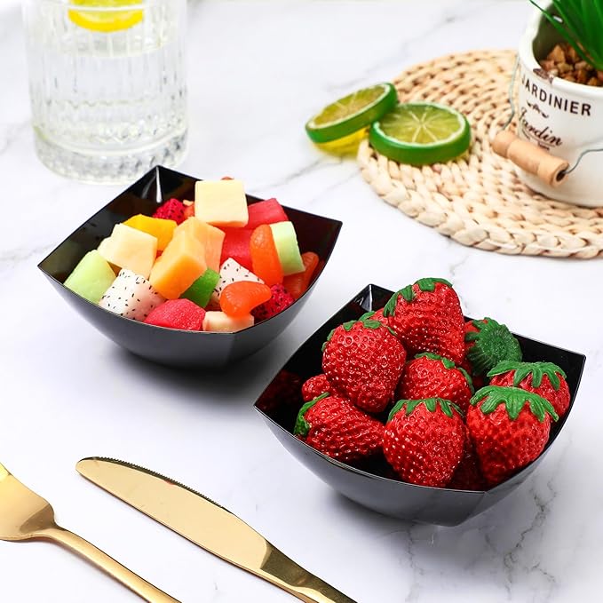Tanlade 50 Pcs Square Plastic Serving Bowls Disposable Snack Salad Bowl Small Party Candy Bar Containers Taco Bar Serving Dishes for Buffet Chips Fruit(Black,8 oz)