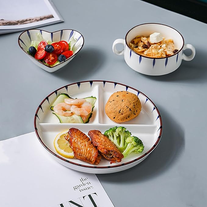 8" Dinner Plate Set, 3-Piece, Compartmentalized Ceramic Plates for Breakfast, Salad, Portion Control and Weight Loss