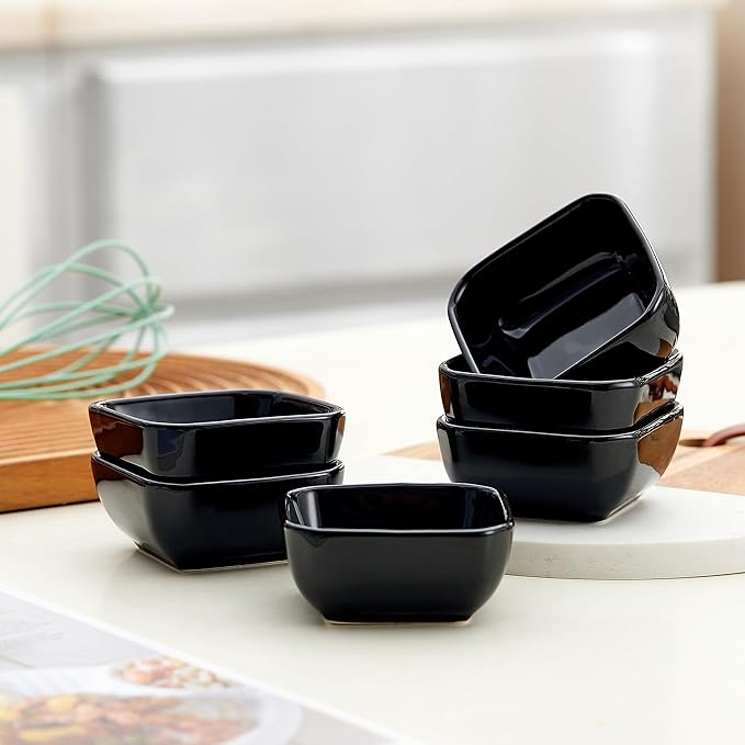 Ceramic Dipping Bowls Set of 6,3 Ounce Porcelain Small Mini Dip Bowl Square Soy Sauce Dish - Good for Tomato Sauce, Sushi Soy, BBQ,Charcuterie Board(Black)