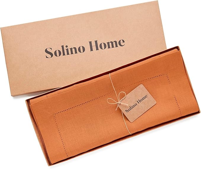 Solino Home Linen Pumpkin Table Runner 132 Inches Long - 100% Pure Linen Extra Long Table Runner 14 x 132 Inch - Classic Hemstitch
