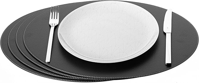 Nikalaz Oval Placemats Set (Pack of 4) Recycled Leather Table Mats 18 x 13 inches (45.7 x 33 centimetres), Kitchen Dining Table Decor by Nikalaz (Black)