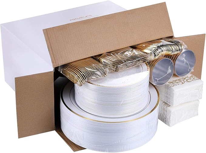 FOCUSLINE 350 Ct Disposable Dinnerware Set for 50 Guests -Heavy Duty Plastic Plates with Gold Rim, Includes 50 Dinner & Salad Plates, Cups, Napkins, Cutlery Set