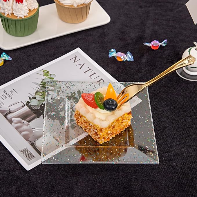 supernal 200pcs Square Plastic Dessert Plates-100pcs Gold Dessert Forks,100pcs 6inch ClearDessert Plates,cocktail plates, Clear Appetizer Plates for Pary Birthday Afternoon tea