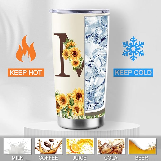 Sunflower Gifts for Women - Personalized Christmas Gifts for Women - Birthday Gift for Woman - Mothers Day Gift for Mom - Monogrammed, Initial 20oz Travel Cup Insulated Tumbler with Lid, M