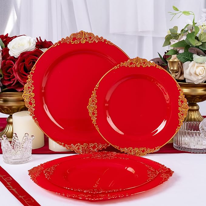 102PCS Red and Gold Plastic Plates - Red Plates Disposable - Vintage Plastic Plate with Gold Rim Include 51PCS Dessert & 51PCS Dinner Plate Perfect for Weddings & Party & Valentine's Day