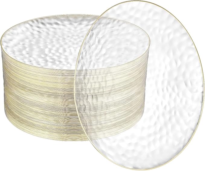 R-kay 100 Pack Clear Plastic Plates For Wedding - 10 IN Hammered Gold Rimmed Sturdy, Durable And Extra Heavy duty Gold Plastic Plates For Party - Bulk Disposable Plates For Weddings