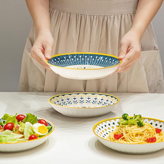 Yeacccng Pasta Bowls Set of 4, 24 Oz Ceramic Salad Bowls, 8 Inch Shallow Serving Bowls for Pasta, Salad, Oatmeal, Fruit, Easy to Clean, Dishwasher & Microwave Safe, Scratch-Resistant, Lead-Free