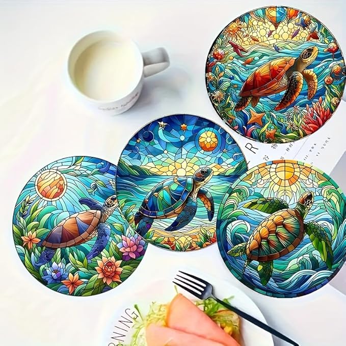 Coasters Set of 8, Wood Coasters for Drinks - Handcrafted Turtle Design Thick Heat-Resistant for Beer, Coffee, Office, Bar, Farmhouse Home Decor, Tabletop Protection, for All Cups