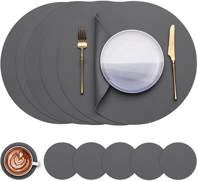 Myir JUN Round Placemats Set of 6 Faux Leather Place Mats and Coasters 15 inch Round Table Mats Dual Sided Non-Slip Stain Resistant Placemats (Gray 01, Set of 6)