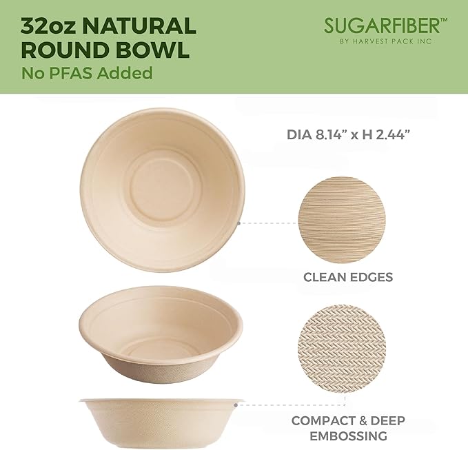 [50 COUNT]Harvest Pack PFAS FREE 32oz Round Paper Bowls, Compostable Heavy-Duty Eco-Friendly Disposable Bagasse Large Soup Bowls, sugarcane made for Meal Prep Takeout Dinnerware, Microwave Safe