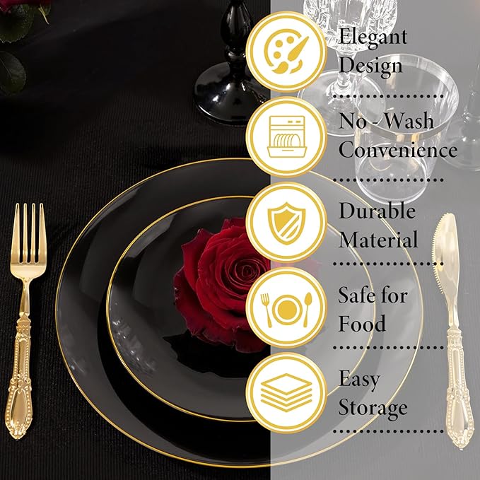 Nervure 100PCS Black and Gold Plastic Plates - 10.25 inch Black Disposable Plates - Gold Rim Dinner Plate - Black Dinner Plate Ideal for Wedding & Party