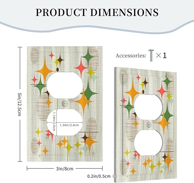 Outlet Covers Mid Century Modern Retro Stars 1 Gang Duplex Light Switch Cover Plate Decorative Wall Plates Electrical Switchplate Receptacle for Bathroom Bedroom Decor（2 Pack）
