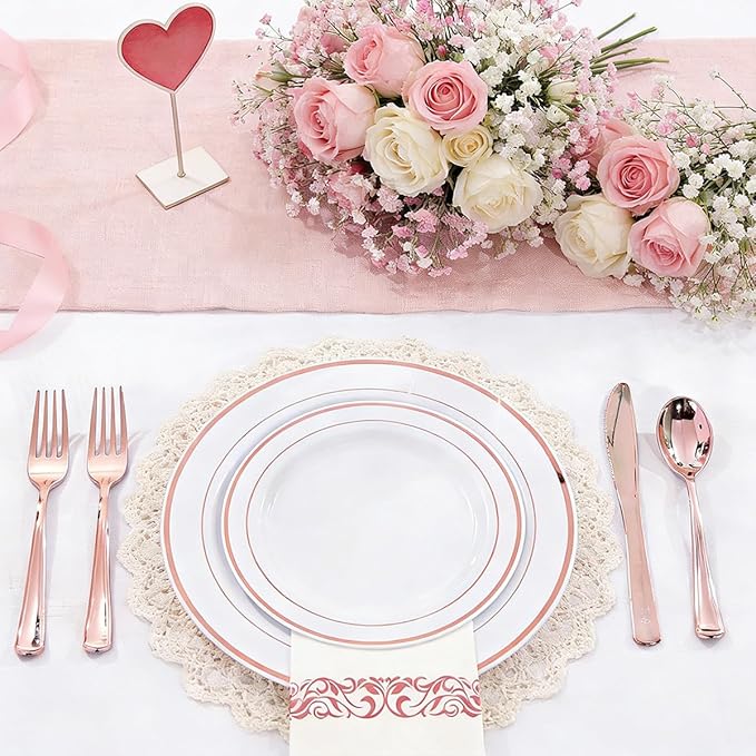 WDF 120 pieces Rose Gold Plates Disposable - Heavy Duty Rose Gold Plastic Plates Perfect for Valentines Day, Mother's Day, Wedding, Birthday