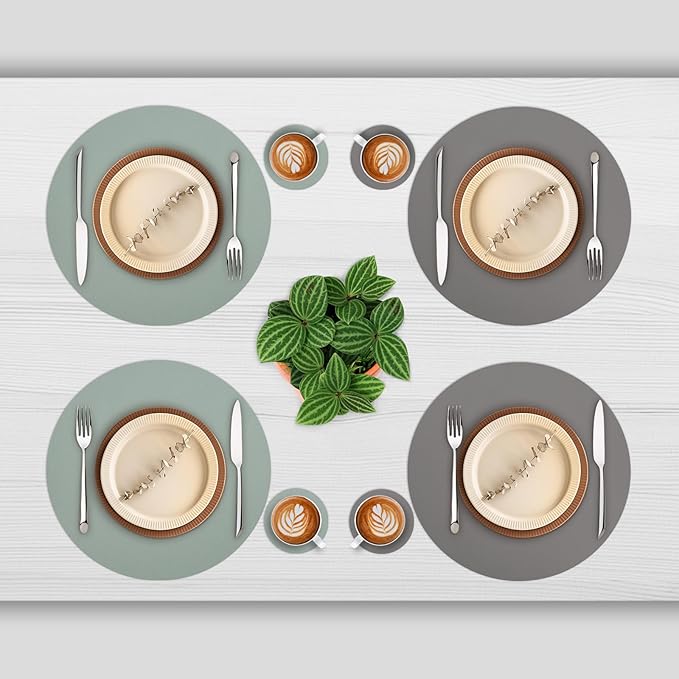 Myir JUN Round Placemats Set of 4 Faux Leather Place Mats and Coasters 15 inch Round Table Mats Dual Sided Non-Slip Stain Resistant Placemats (Gray & Sage Green, Set of 4)