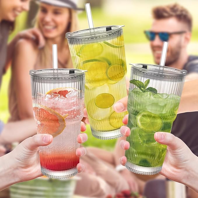 Ribbed Drinking Glasses,with Lids and Straws Glass Cup,19oz Glass cup,4 Pack Old Fashioned Glasses,Thickened for iced coffees,cocktails and juices, perfect for families and parties (4)