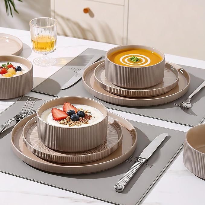 Dinnerware Sets for 8, Ceramic Plates and Bowls Set 24 Piece Dinnerware Chip Resistant Stoneware, Dishwasher and Microwave Safe-Brown