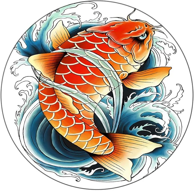 Small Round Tablecloth, Koi Fish Washable Polyester Table Cloth for, Tattoo Style Japanese Wave, Fit Round Tables 44inch Diameter, for Wedding Party Dining Banquet Use, Multicolor