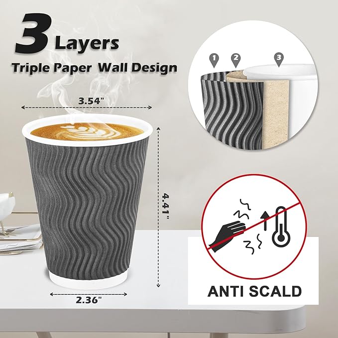 Lamosi 500 Count 8 oz Insulated Coffee Cups Bulk, Disposable Paper Cups No Lids 8oz, Corrugated Ripple Wall Design for Hot Beverage (Grey)