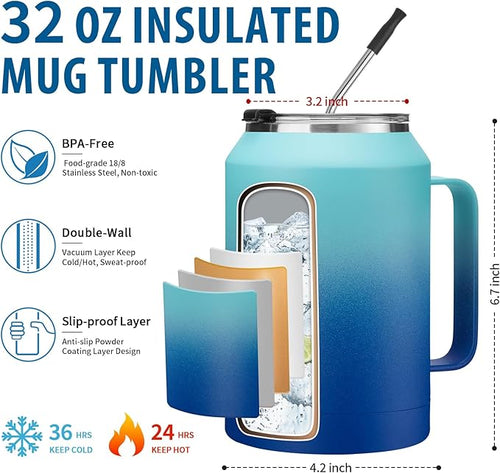 32/50 oz Travel Coffee Mug Tumbler - w/Handle and Straw, 32oz Stainless Steel Mugs with Lid, Insulated Tumblers Cup Keep Cold-36H Hot-24H, Reusable Home Office Work Wide Mouth Water Bottle