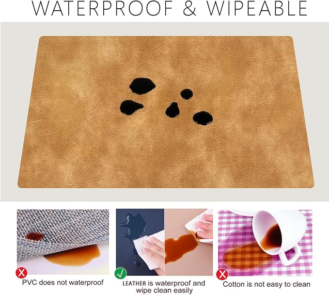 Faux Leather Eco-Friendly Placemats with Rounded Corners Set of 4,Oilproof&Heat-Resistant Place Mats,Waterproof&Stain Resistant Table Mats,Washable Non-Slip for Kitchen-Khaki