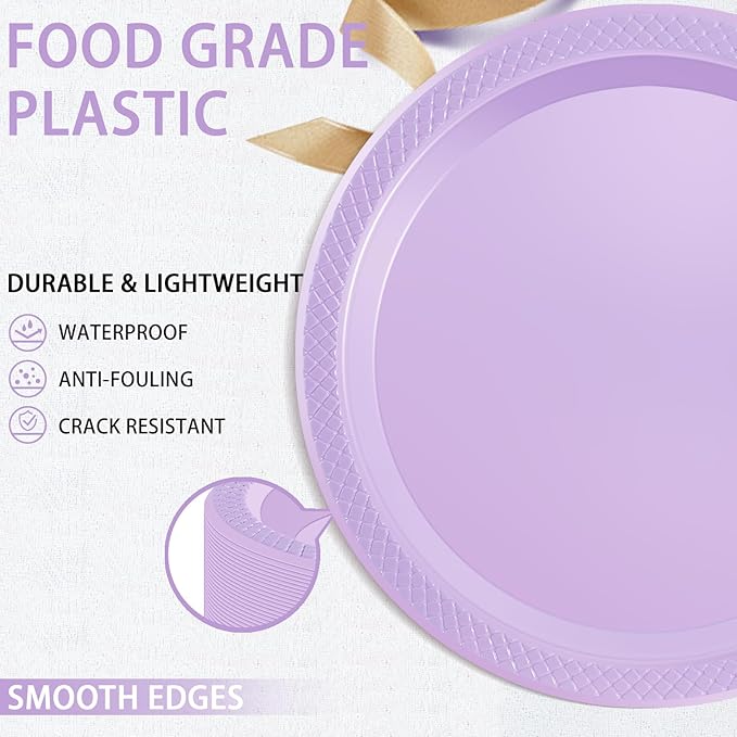 WELLIFE Lavender Party Plates 7 Inch -150 Count, Plastic Disposable Dessert Plates for Party Easter Mother's Day Wedding Cake Appetizers Salad