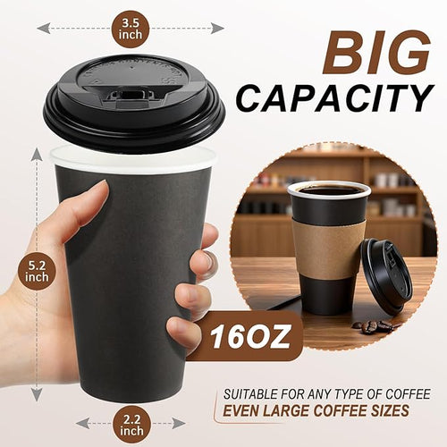 120 Pack 16 oz Paper Coffee Cups Set, Disposable Black Coffee Cups with Lids, Sleeves and Stirring Sticks, Fit For Cold and Hot Drinks