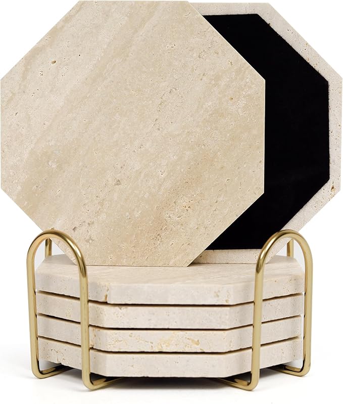 Octagonal Travertine Coasters Set of 6 with Gold Holder, Farmhouse Rustic Neutral Style Coaster for Home Table Decor, Porous Natural Travertine Absorbent Drink Coasters, Velvet Backed