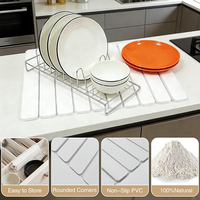 Large Stone Drying Mat for Kitchen Counter, Collapsible Dish Drying Mat Quick Drying Super Absorbent Diatomaceous Earth Mat, Drain Pad for Dishes Bottles Cups Match Any Countertop 24" x 16"