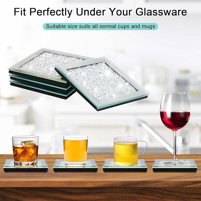 Glass Mirrored Coasters Set of 4, Square Coasters with Crushed Diamond, Mirrored Silver Glass Cup Mats for Drinks, Home Decoration, Kitchen Cafe Bar Restaurant Tabletop Protection
