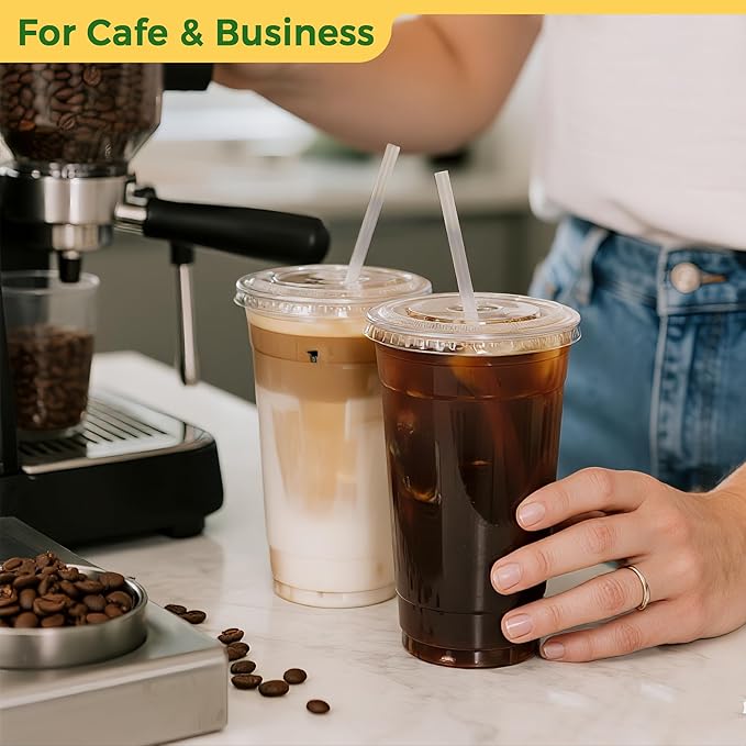 Charmount 32 oz Clear Plastic Cups with Lids and Jumbo Boba Straws, Disposable To Go Cups for Iced Coffee, Milkshake, Smoothies, Boba Milk Tea, Matcha Latte – 25 Sets