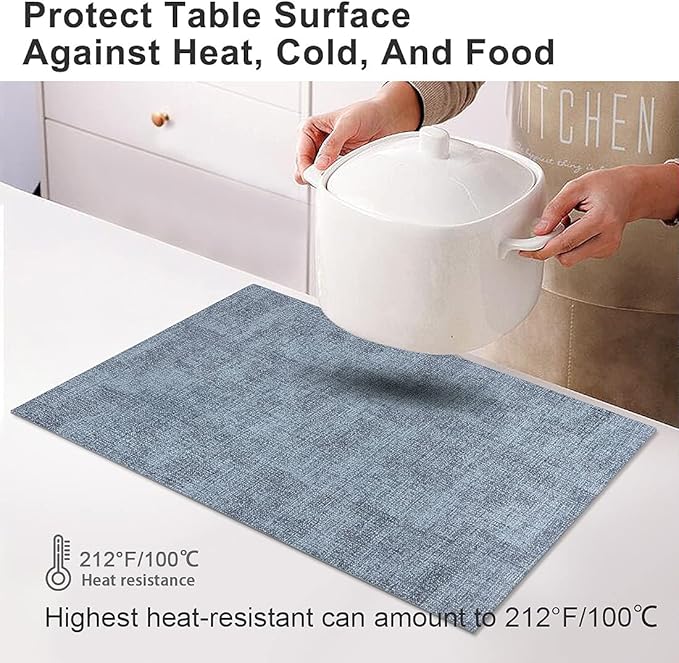 Leather Heat Resistant Placemats Set of 6 Waterproof Wipeable Washable PU Table Mats,Easy to Clean Anti-Slip Place Mats (Blue, 6)