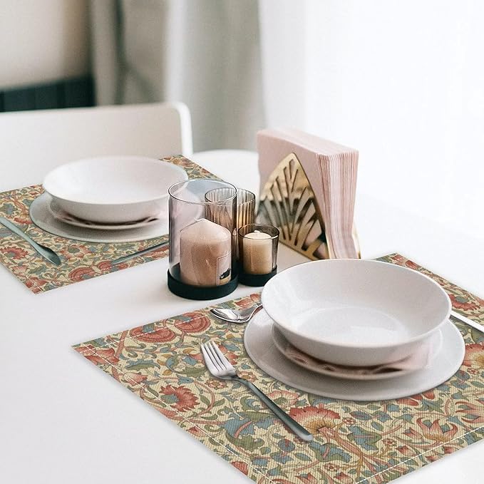 William Morris Placemat Set, Beige Blue Pink Retro Rustic Art Exotic Ethnic Lotus Floral Seamless Pattern Home Decor Linen Table Mats for Dining Room Kitchen Party (17x12in) x6P